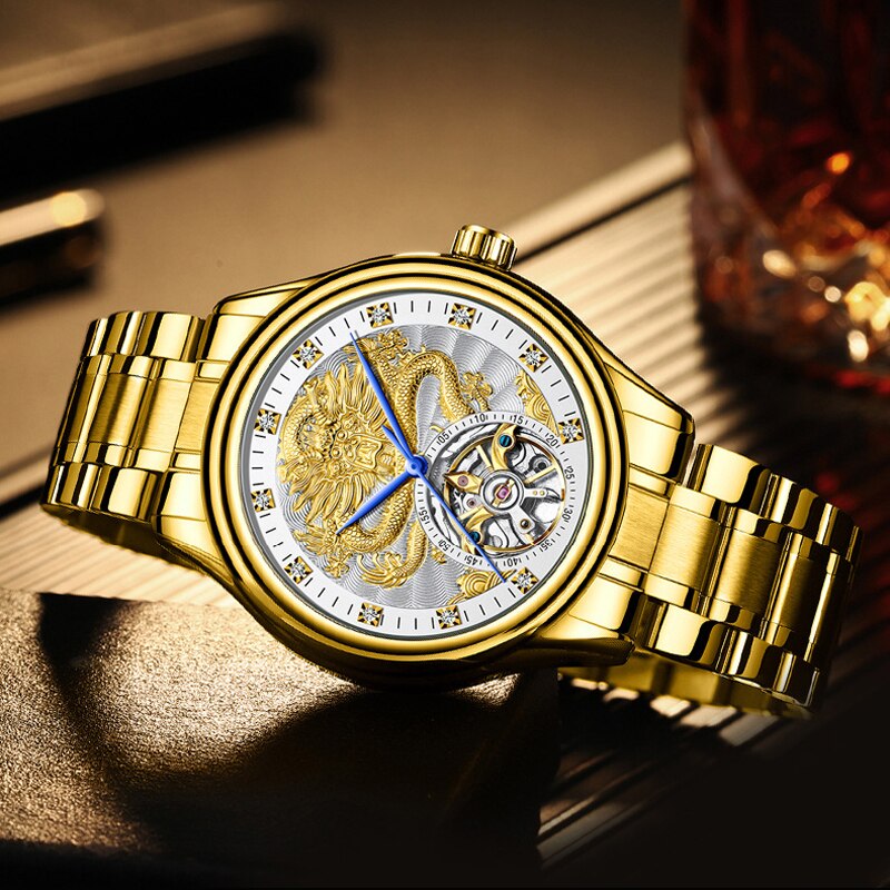 FNGEEN Luxus Männer Automatische Mechanische Uhr Wasserdicht Gold Drachen Uhren Für Männer Edelstahl Tourbillon Relogio Masculino
