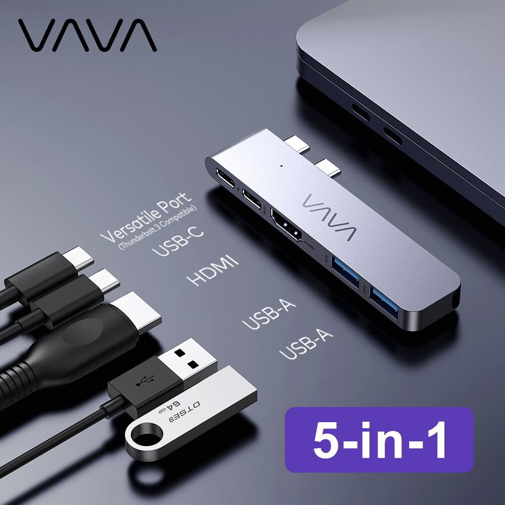 VAVA-concentrador de USB-C 5 en 1, adaptador de Monitor Dual, 5K, 60Hz, alta velocidad, USB 3,0, estación de acoplamiento, divisor, 100W, PD, carga para MacBook Pro