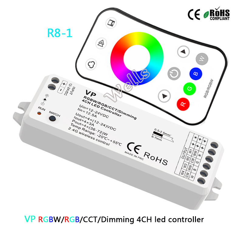 VP 2.4G wireless RGBW/RGB/CCT/Dimming 4CH DC12-24V 12A 4 in 1 Smart led strip light controller R8-1 RGB/RGBW remote