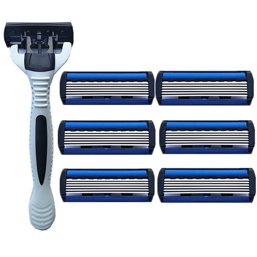 6 lags barbermaskine 1 barberbladsholder  + 7 blade udskiftning af barberhoved kassette barberkniv sæt blå ansigtskniv til mand