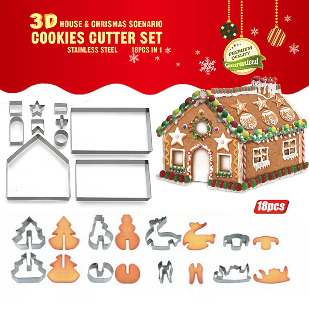 18PCS 3D Rvs Landschap Kerst Cookie Cutter Set Biscuit Mold Gingerbread House Fondant Cutter Bakken Tool HX1121