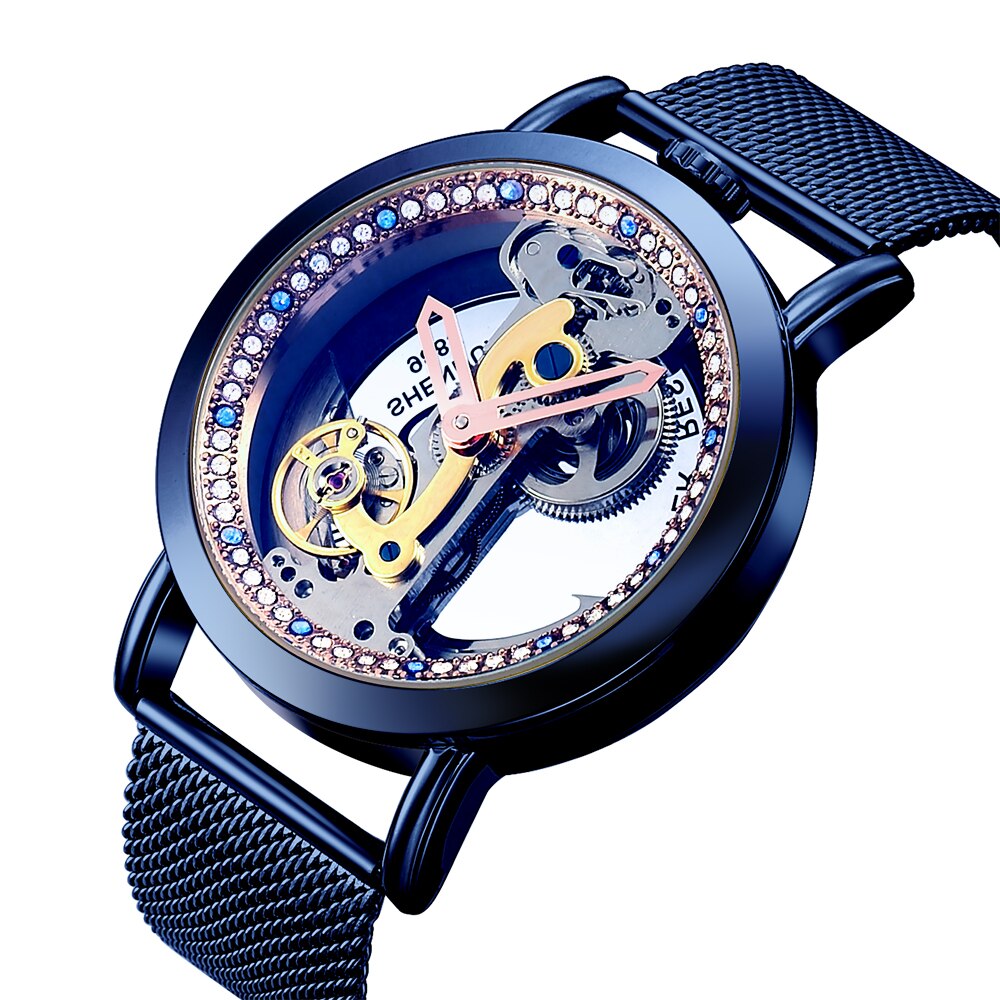 Luxe automatische herenhorloges, hol gesneden skelet, mechanisch polshorloge voor mannen: Blauw blauw