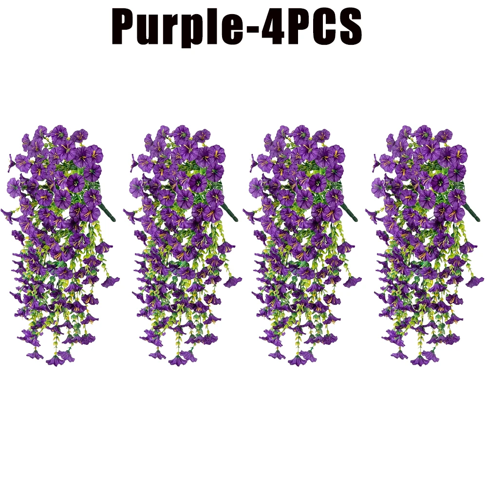Flores artificiales colgantes, plantas de seda sintética, moradas, gloria matutina, enredaderas largas, resistentes a los rayos UV, realistas para decoración de jardín y balcón