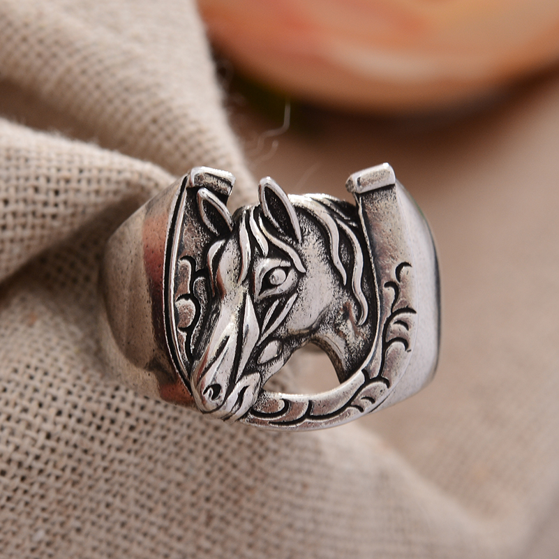Anillos de Unisex de plata tailandesa con cabeza de caballo y herradura Vintage, joyería Original para mujeres y hombres,