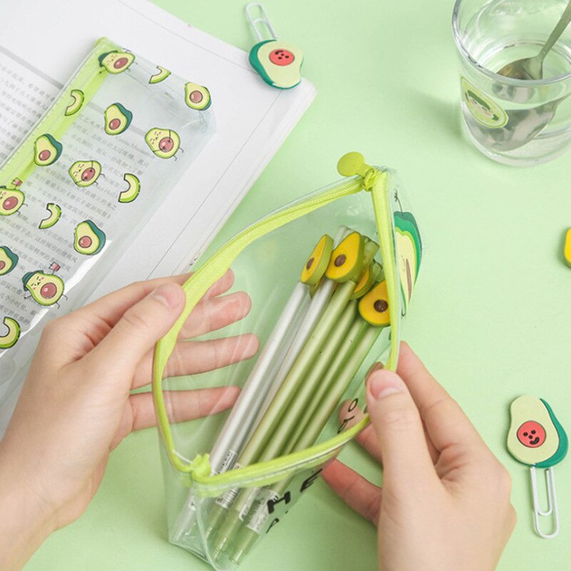 Söt kawaii tecknad avokado penna väska mini pvc transparent brevpapper förvaring för pojke flicka student skolmaterial