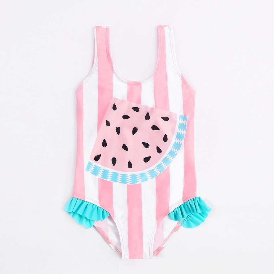 3-8years Girls Swimsuits One Piece Swimsuit Striped Watermelon Kids Bathing Suits Beachwear Children Girls Swimsuits