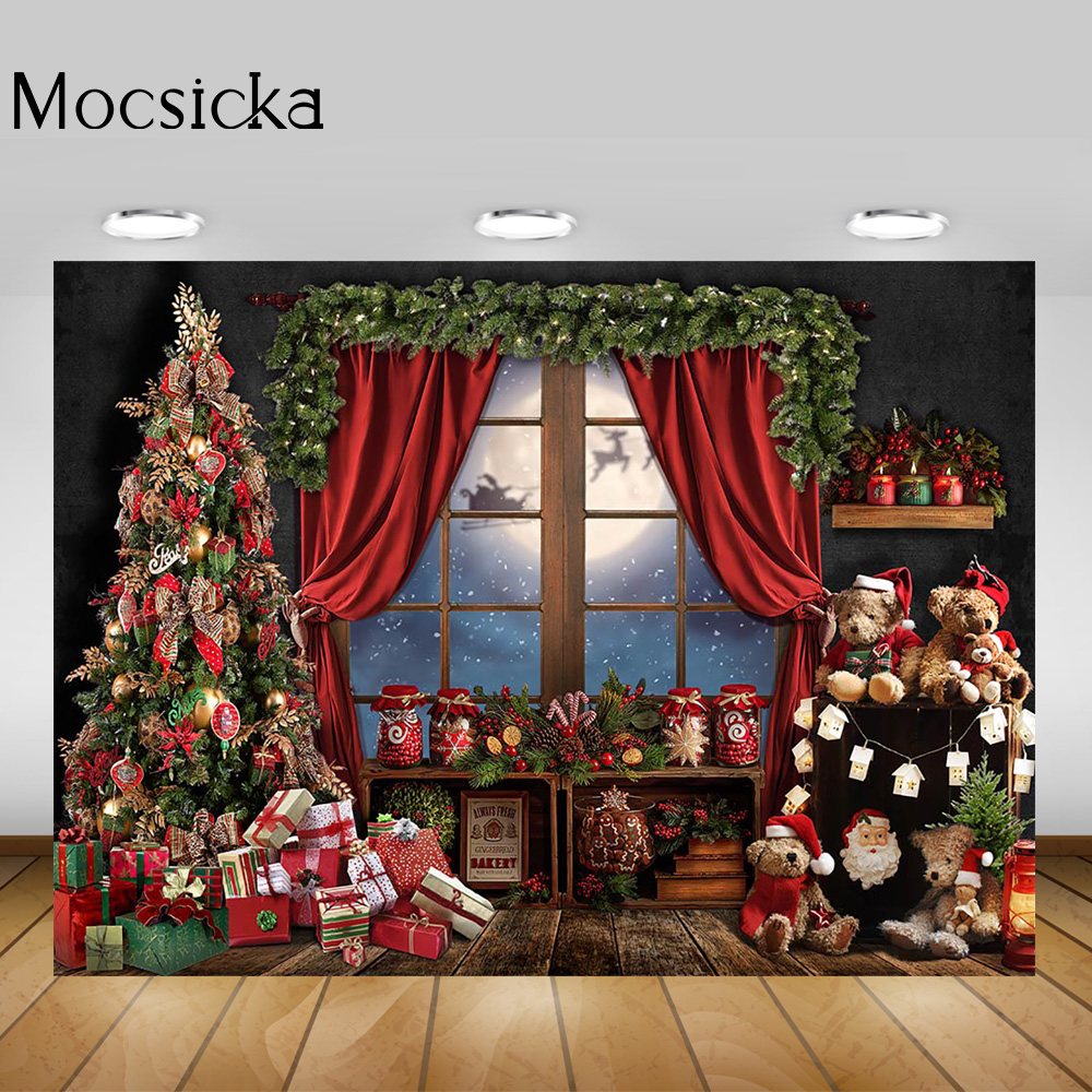 Christmas Bears Room Backdrop Red Curtain Winter Window Wonderland Big Moon Background Birthday Portrait Photography Props