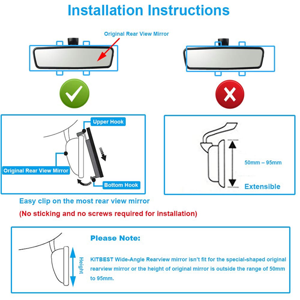 Universal Car 300mm Wide-Angle Rear-View Mirror With Wide Convex Shape Sandwiched On Rear-View Transparent Mirror