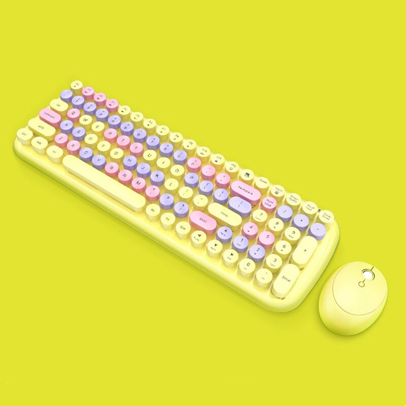 Kit de clavier et souris sans fil 2.4G pour filles, rétro, Vintage, 84 touches rondes colorées, Orange, rose, bleu, vert, pour ordinateur portable,: yellow-100 keys