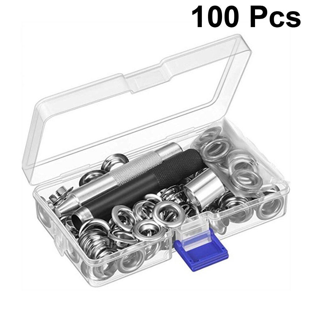 100 Set Grommets Kit Brass Eyelets Button Kit with 3PCS Tools Multipurpose Eyelets Button Set Portable Eyelets Button To: Silver