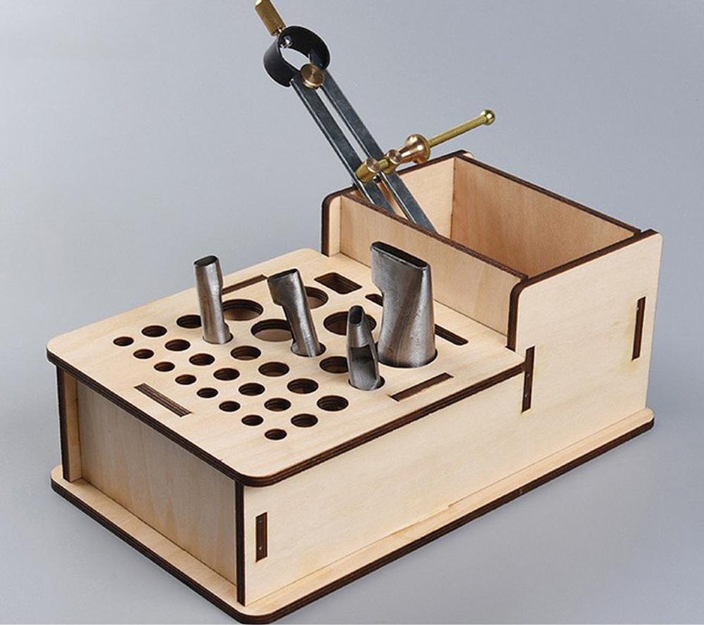 LMDZ Wooden Leathercraft Rack Stand DIY Tamping Punching Tools Holder Organizer Storing Leather Tool Storage Box