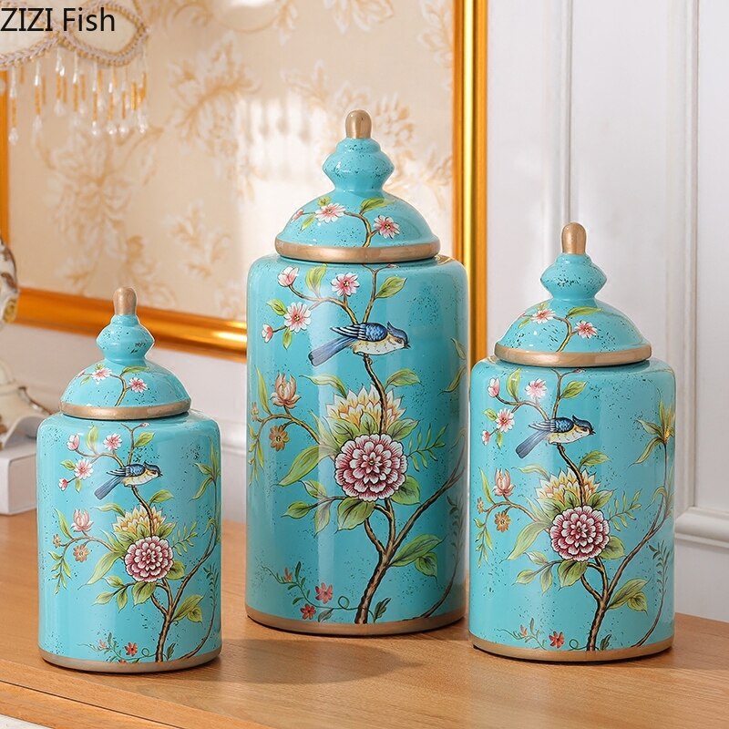 Bocaux de rangement en porcelaine à motifs de fleurs peintes, pot à bonbons Antique, boîte à thé, Vase en céramique polyvalent, décor Vintage pour la maison