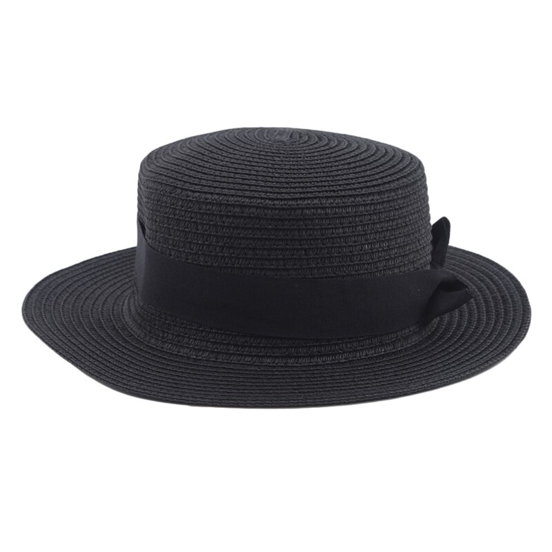 Summer women's Straw Hat Travel Shade Leisure Beach Hat Vacation Flat Eaves Bowknot Shade Sun Hat: Black