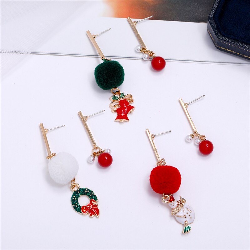 Asymétrique père noël longues boucles d'oreilles pour les femmes or jaune couleur boule ronde boucles d'oreilles bijoux de noël