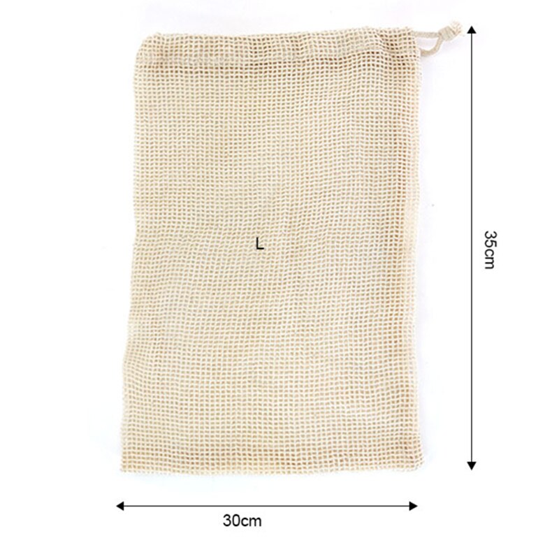 Genanvendelige bomuldsnet producereposer til grøntsag frugt køkken vaskbar opbevaringstaske med snøre 4 størrelser tilgængelige: 30 x 35cm l