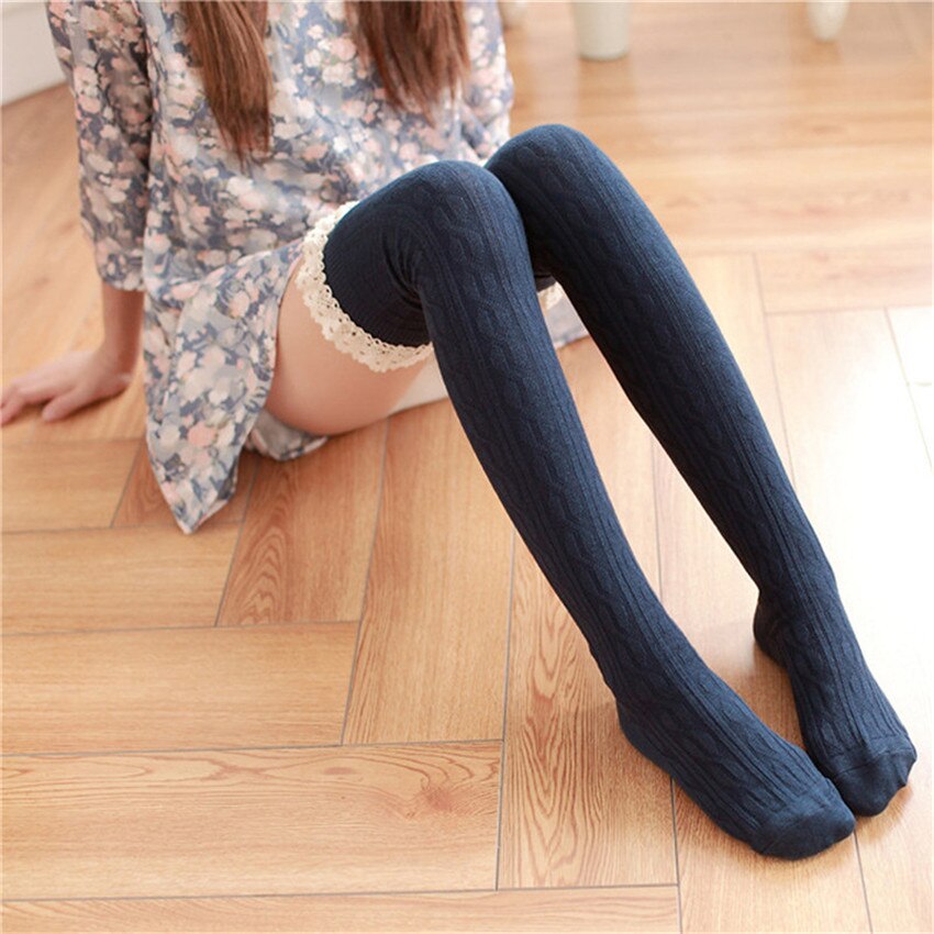 Calcetines hasta la rodilla para mujer, calcetín de encaje, media de tubo, para Otoño e Invierno: Navy Blue