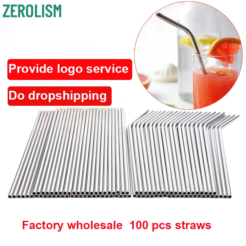 100 pièces en métal paille réutilisable respectueux de l'environnement en acier inoxydable Tubules pour boisson droite plié 215mm * 6mm directe