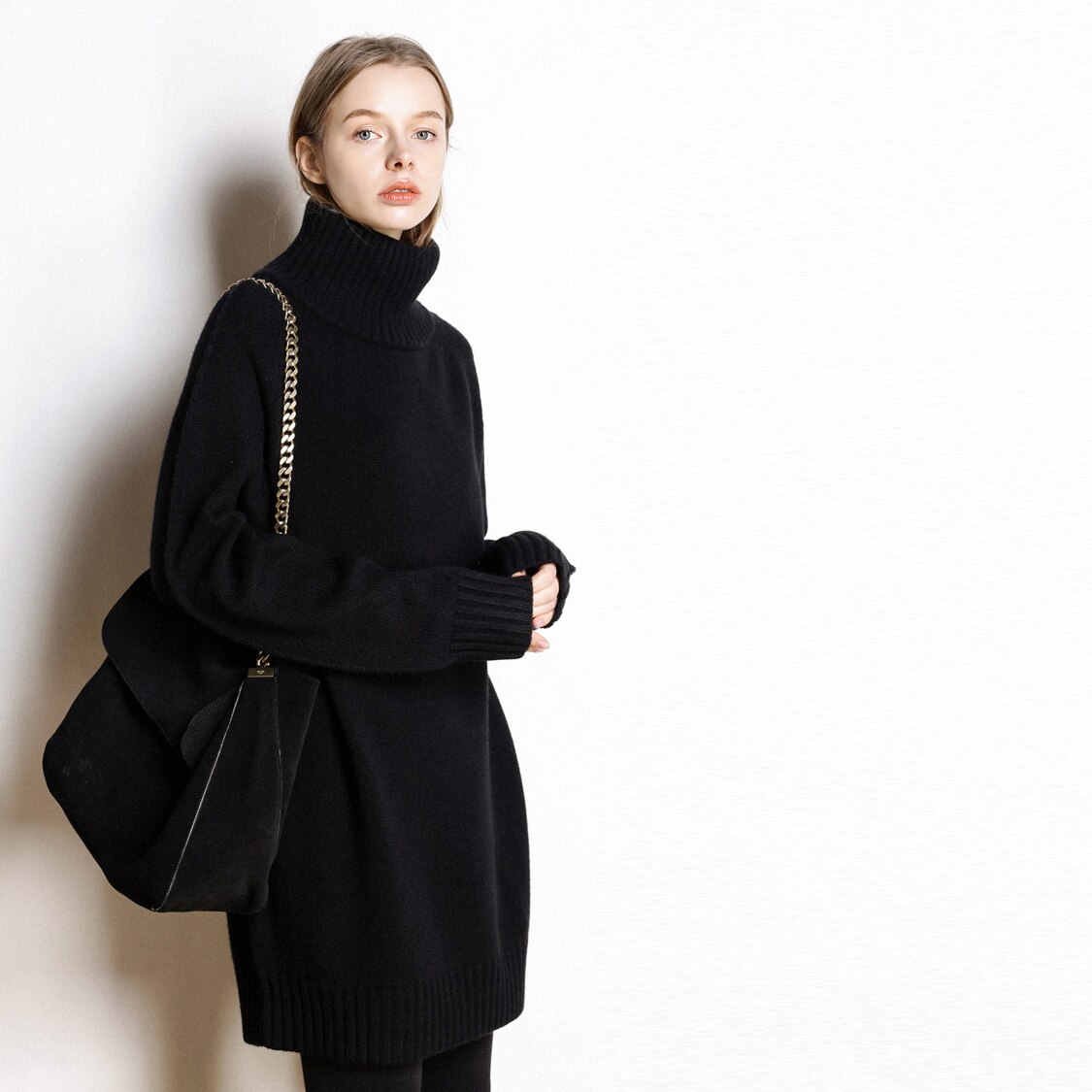 Kashmir genser dame høyhalset kasjmir genser dame ensfarget lang løs genser stor størrelse strikket skjorte: L / Svart