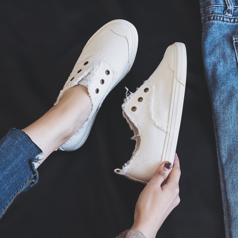 Dam loafers vit kortfattad grundläggande stil enfärgad slip on lady spring vulkaniserad sko canvas tyg sneakers snygga 35-40