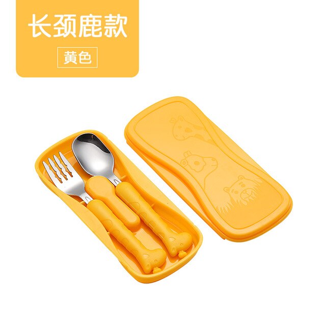 2 stks/set Rvs Vork Lepel Eetstokjes Reizen Ourdoor Camping Bestek Gereedschap draagbare Roestvrij Staal Servies 5 Kleuren: Yellow-giraffe