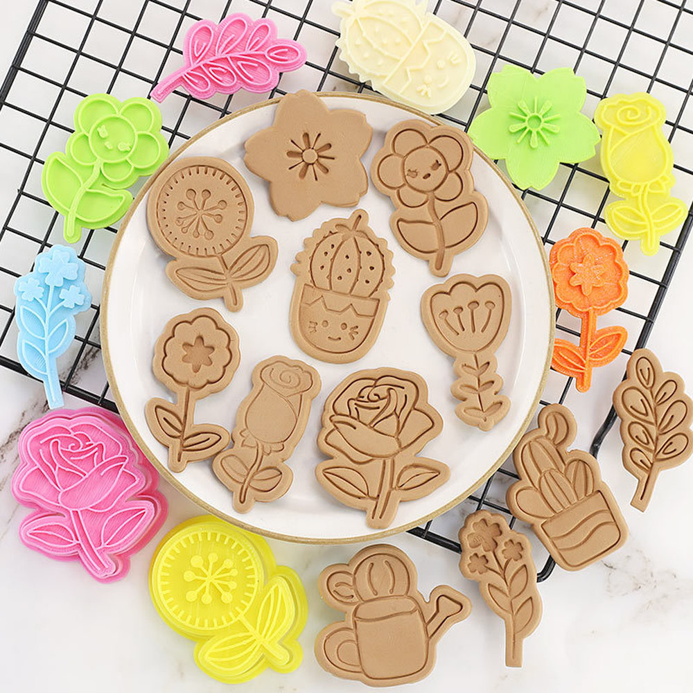 Molde para galletas con flor de Rosa para el día de la madre, molde para galletas con dibujos animados de flor de cerezo, para hornear, DIY, 3D, para prensar galletas a mano