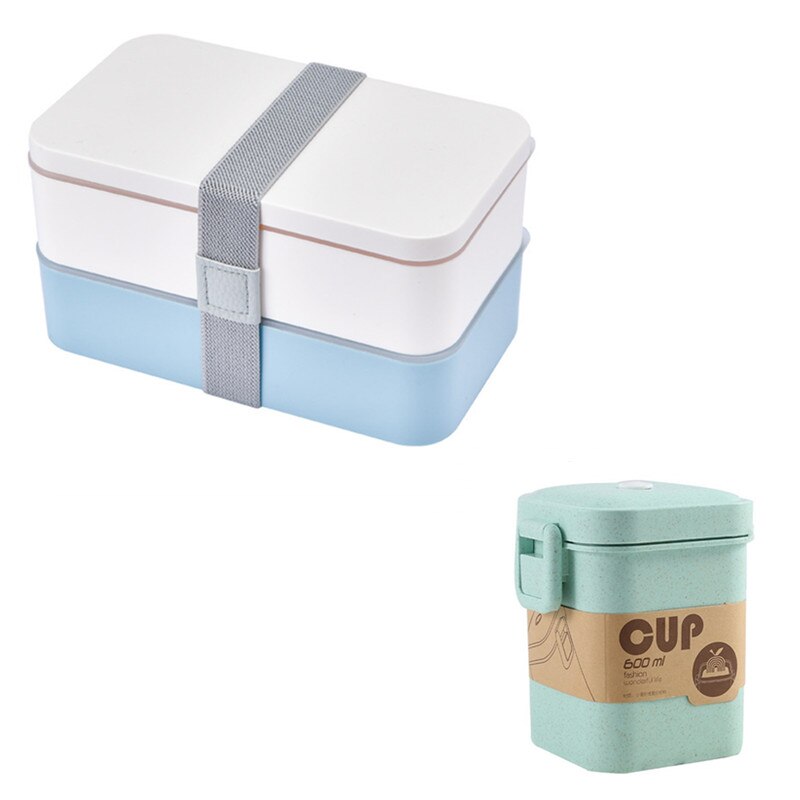 1200ml Double Layers Lunch Box With Spoon and Fork Healthy Plastic Bento Boxes Microwave Food Storage Container Lunchbox: Blue Set