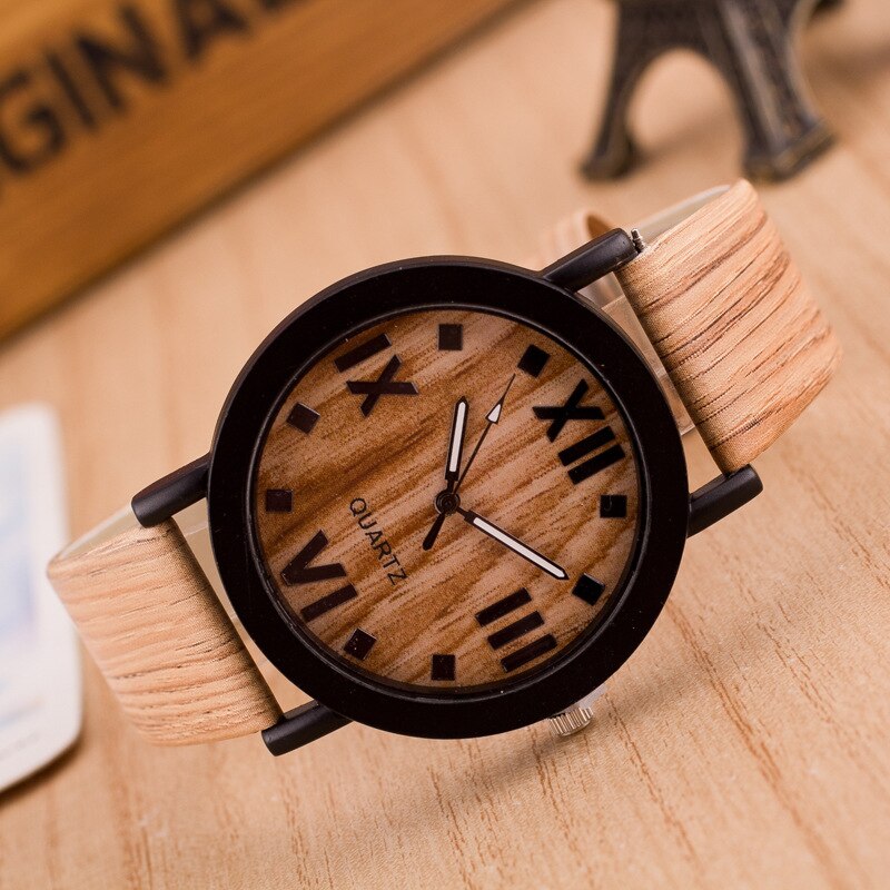 Træure luksus kvinder dameur romertal træ pu læderbånd analog kvarts vogue armbåndsure relogio masculino: 6