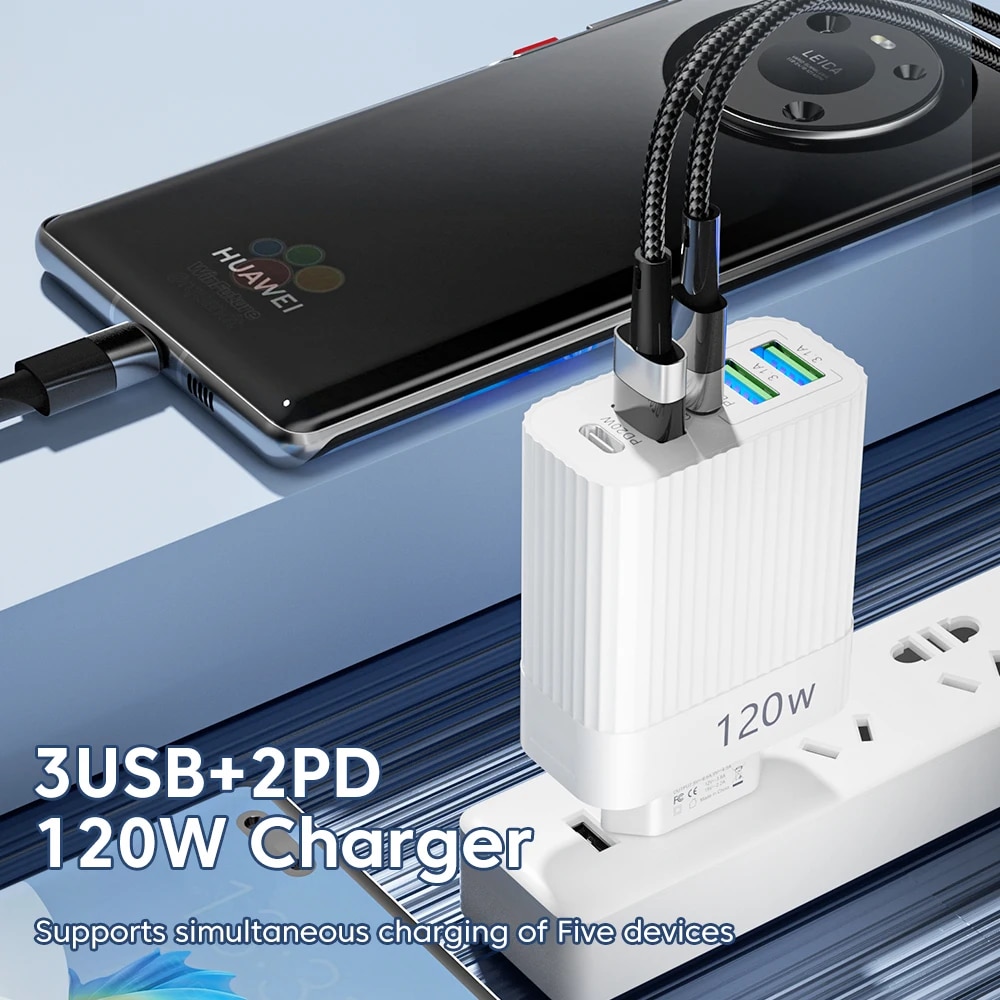 PD 120W GaN Cargador rápido 3,0 EE. UU. UE enchufe viaje portátil 5 puertos USB tipo C carga rápida adecuado para Android Ios iPhone Xiaomi