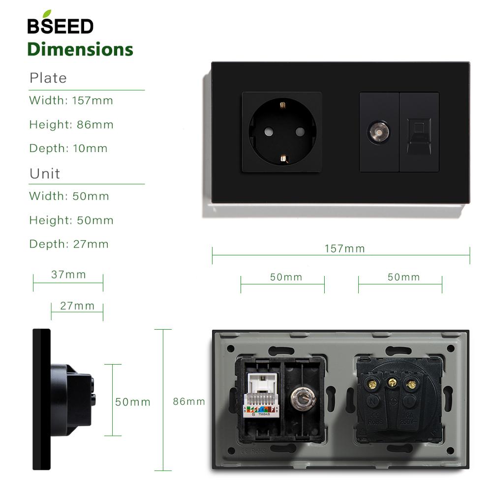 BSEED EU Standard Steckdose TV PC Mit Buchse Kristall Glas Tafel Weiß Schwarz Goldene EU Standard