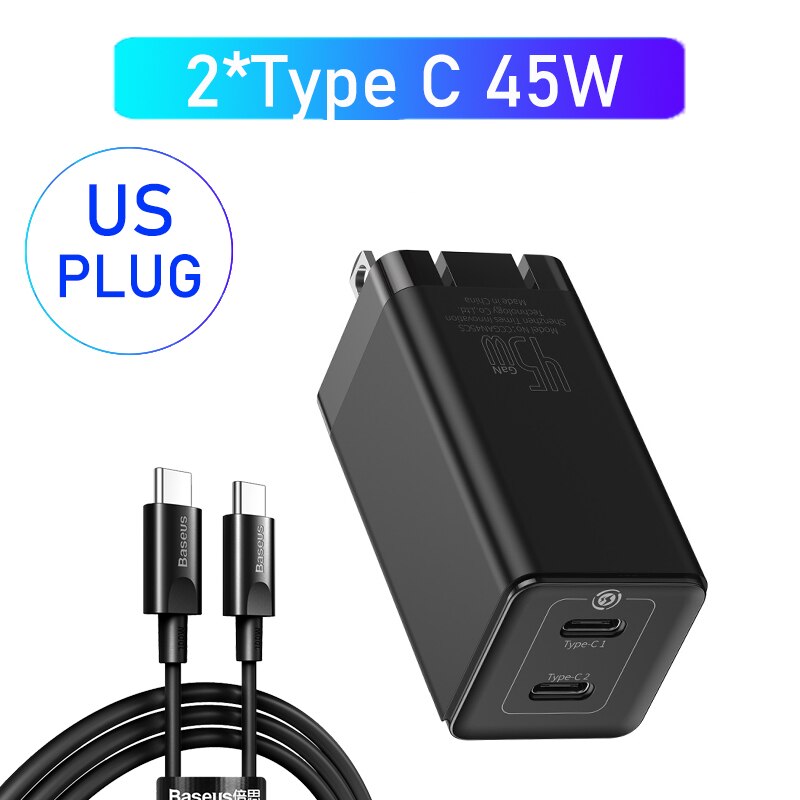Baseus Gan Lader 45W Pd Usb Charger Quick Charge 4.0 3.0 Dual Usb Telefoon Oplader Forip Voor Huawei Mate 10 Voor Samsung Laptop: 2C White US