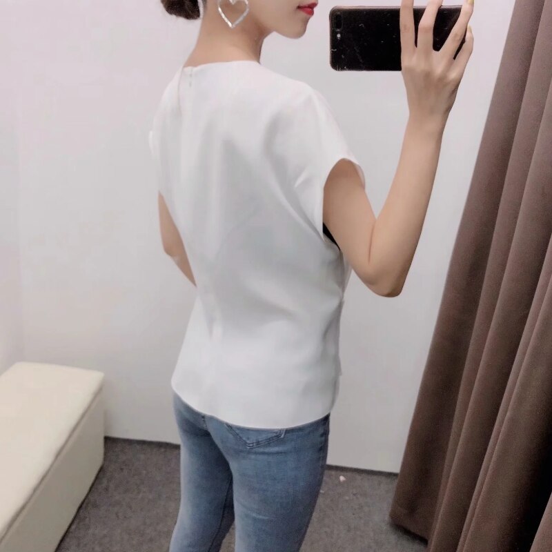 Novedad de , blusa de mujer a la con escote en v en color blanco y negro, blusa en la parte delantera, camisas irregulares de oficina para mujer, blusas elegantes simples LS6701