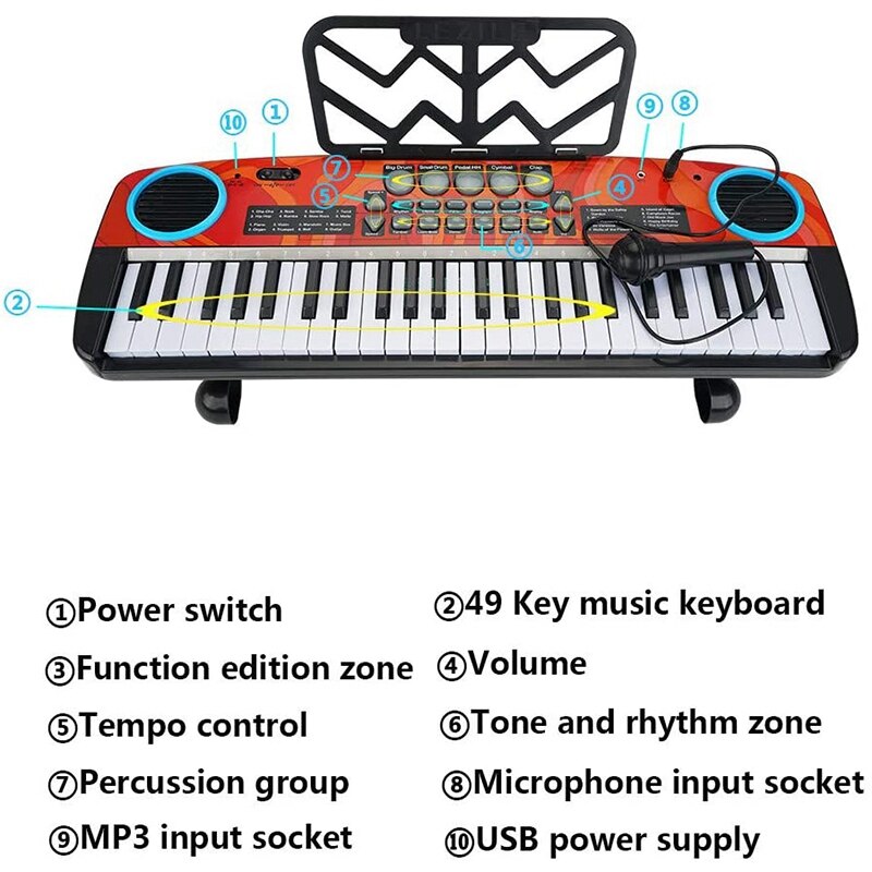 Teclado eléctrico de Piano Digital para niños, 49 teclas, con micrófono y soporte de música, teclado electrónico portátil para principiantes