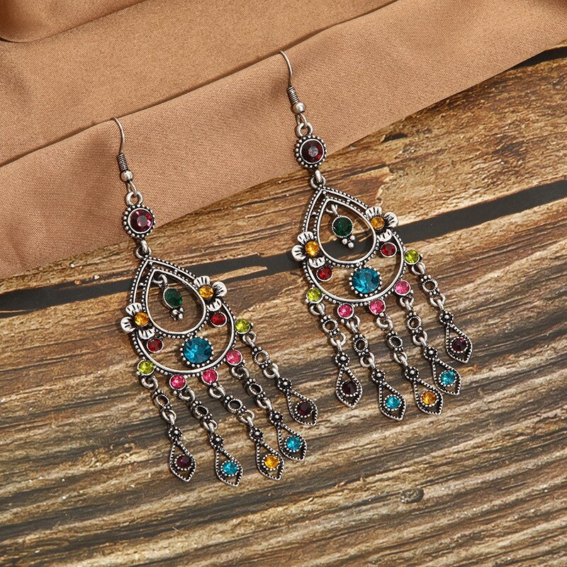 Niebieski Rhinestone etniczne kolczyki paw indyjska biżuteria w stylu Vintage srebrny kolor kryształu dynda wiszące kolczyki dla kobiet Pendientes: 61-4
