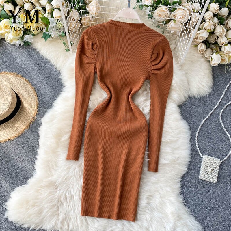 Yuoomuoo Herfst Winter Vrouwen Gebreide Jurk Europa Knoppen Lange Puff Mouwen Elegante Jurk Dames Bodycon Jurk