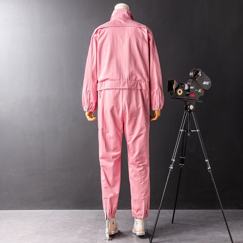 Mono de manga larga para hombre, ropa de trabajo japonesa, holgada, de algodón y Hip Hop, pantalones de color rosa y negro, otoño