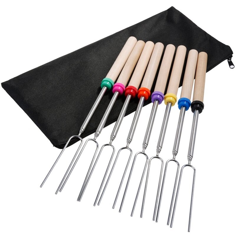 Marshmallow Roosteren Sticks-Set Van 8 Stuks Veilig Voor Kinderen 11-31 Inches Telescopische Dog Smores Vorken, extra 10 Stuks Houten Stickers