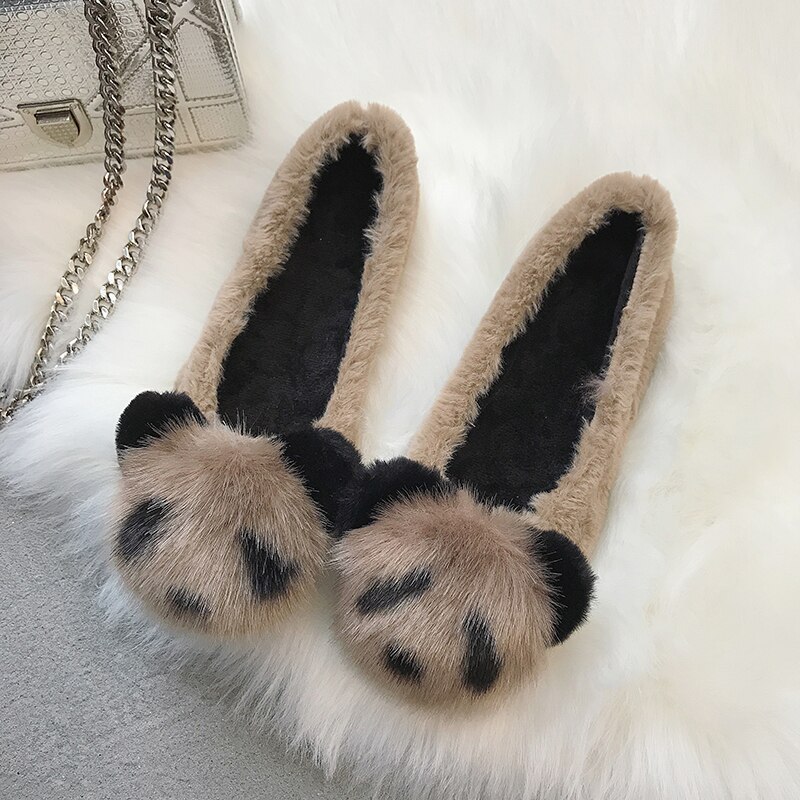 Plus size 35-43 fuskepels kvinner loafers panda plysj slip on flate sko kvinne båtsko leiligheter dyrepels varm damesko 6865: Khaki / 7.5