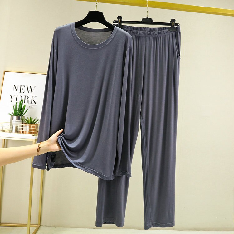 Pijamas modales de manga larga para hombre, ropa de dormir de talla grande 5XL 6XL, para el hogar, primavera y verano, 2022: Iron Gray Sets / 5XL(65-85kg)