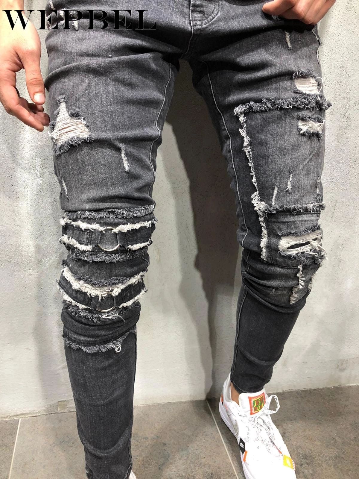 WEPBEL rue Hiphop hommes genou trou Stretch Denim pantalon déchiré mendiants Punk gothique maigre fond fermeture éclair Biker jean