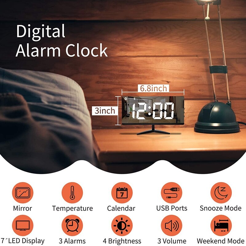 Digital Alarm Clock,7 Inch LED Mirror Electronic Display,Temperature,Snooze Model,Auto/Custom Brightness,for Office