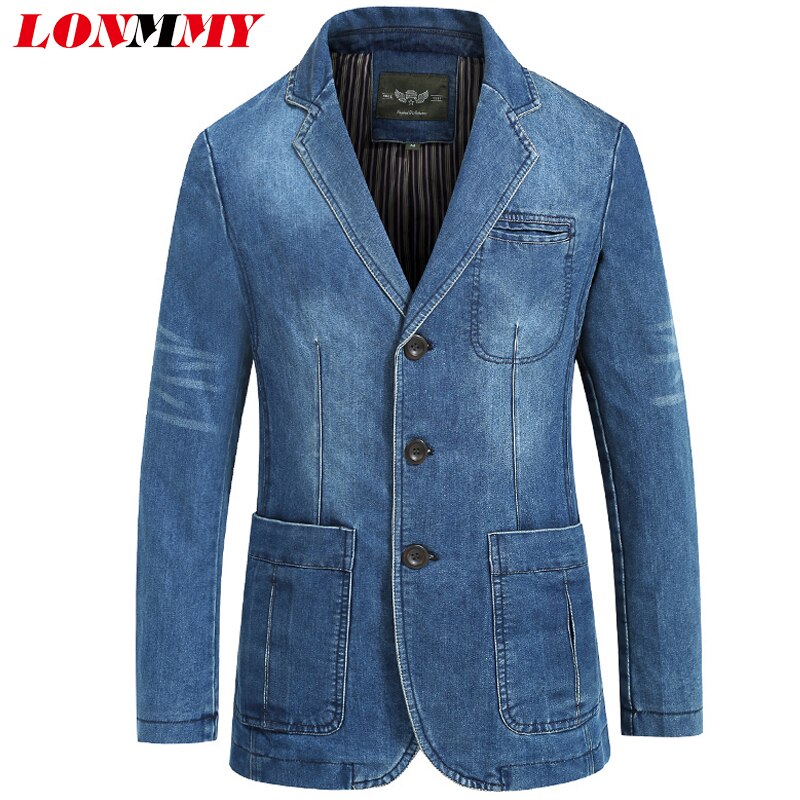 LONMMY Cowboy blazer jeans jacket men 80% Cotton Denim jacket men blazer Suits for men jaqueta Brand-clothing Casual M-4XL