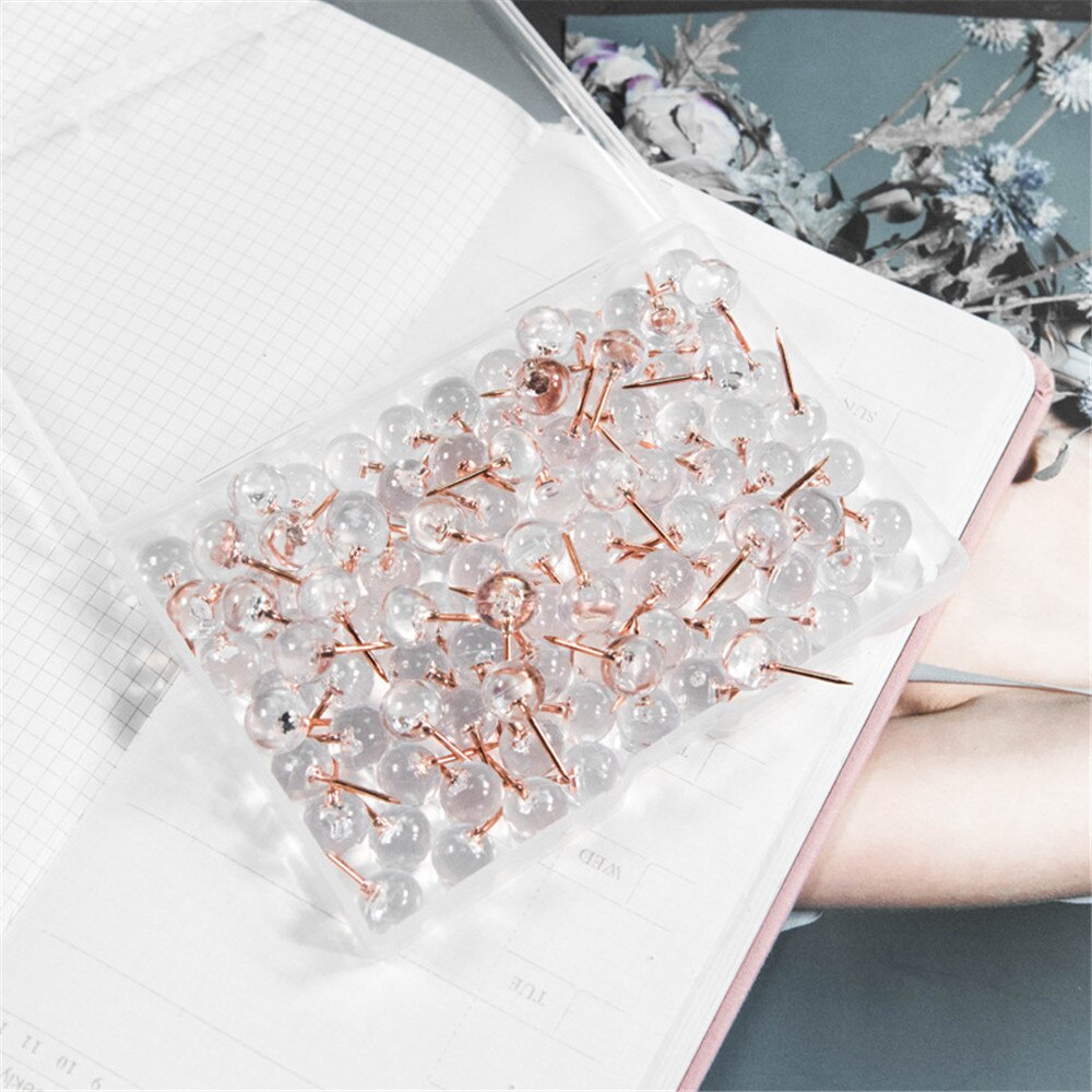 100pcs Rose Gold Thumbtack Push Pins Acrylic Head with Steel Point Cork Board Safety Pins Office School Binding Accessories