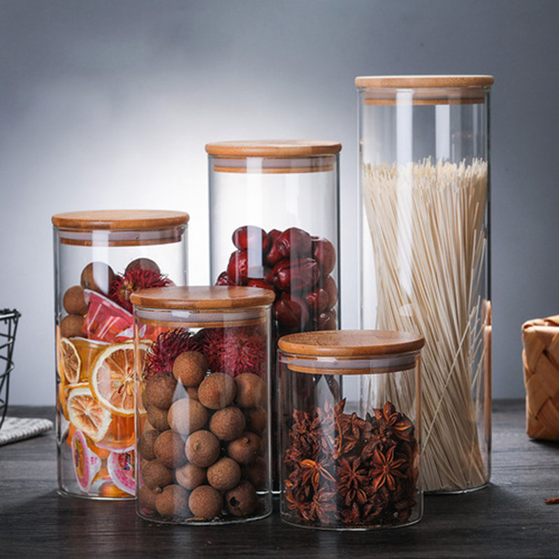 Mason Candy Jar For Spices Glass bamboo Cover Container Glass Jars With Lids Cookie Jar Tea Coffee Beans Grains Candy Jars