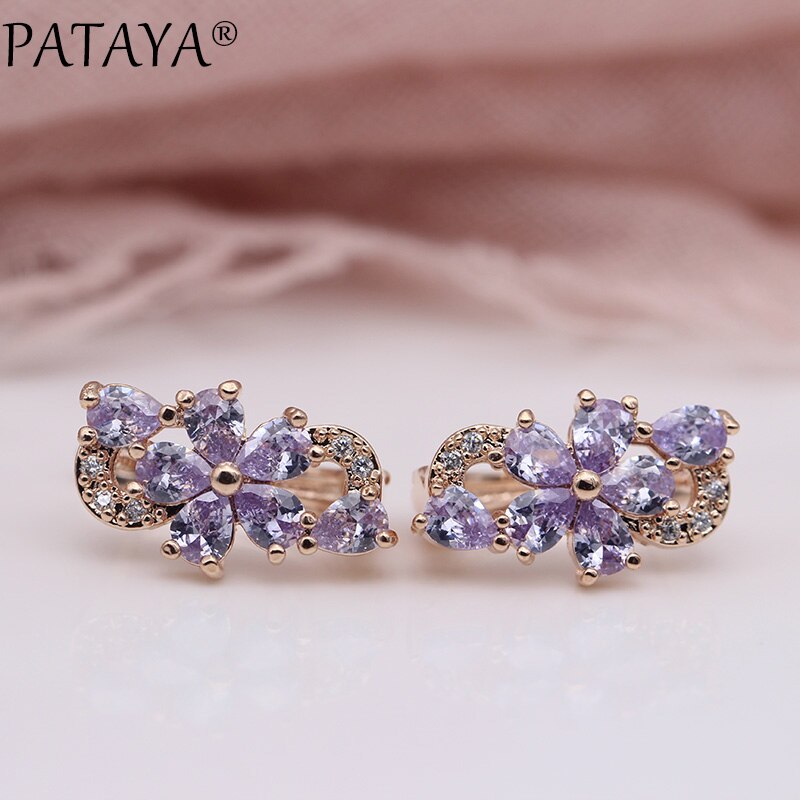 PATAYA Water Pruimenbloesem Dangle Oorbellen Vrouwen Mode Trendy Sieraden 585 Rose Goud Bloemblaadje Natuurlijke Zirkoon Blauw Oorbellen: Purple