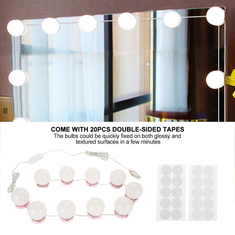 10pcs Makeup Mirror Bulbs Kit 10 W with LED Light + 20pcs tapes Vanity Mirror Cosmetic Makeup Brightness Adjustable Bulbs Pink