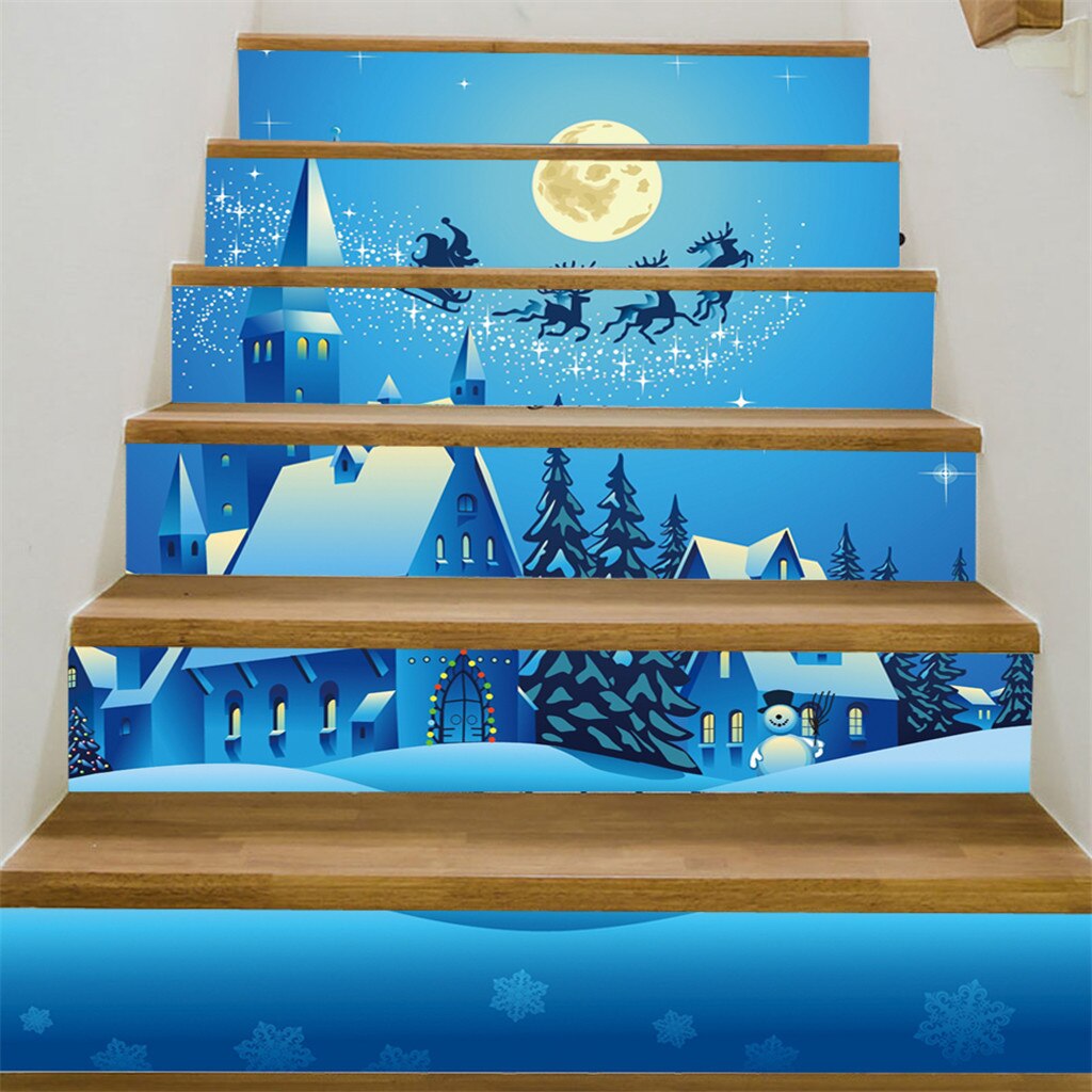 40#  jul 3d simulering trappemærkat vandtæt vægmærkat diy hjemindretning julemanden trappemærkater gulv trappestok: H
