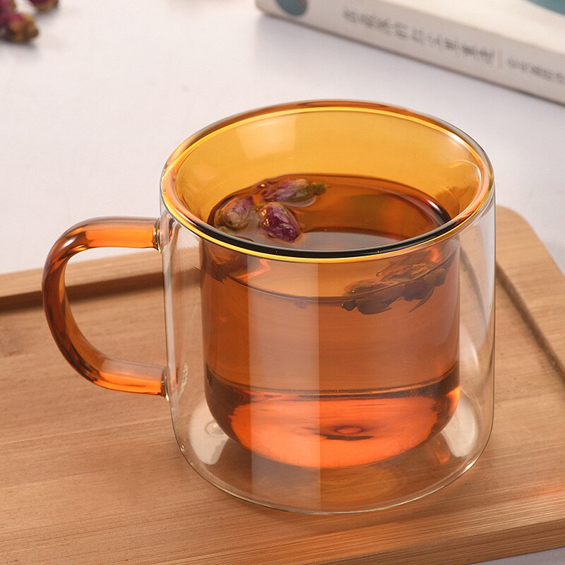 Vaso de agua de vidrio de borosilicato, vaso de agua de doble capa , taza de café Retro multicolor con Mango/200ml