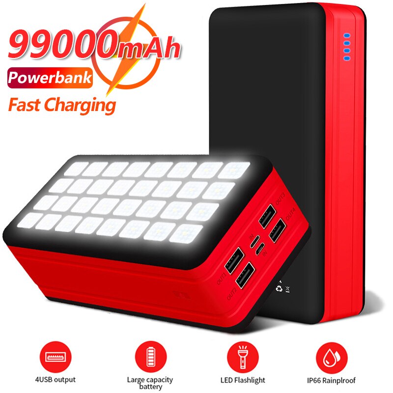 99000 mah solar-powerbank mit hoher kapazität, 4 usb-anschlüssen, campingbeleuchtung, externem akku und schnellladegerät für outdoor-aktivitäten wie camping und reisen