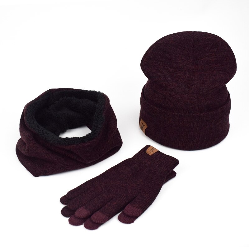 Et sæt mænd kvinder vinter hatte tørklæder handsker bomuld strikket hat tørklæde sæt til mandlige kvindelige vinter tilbehør 3 stykker hat tørklæde: Rødvin