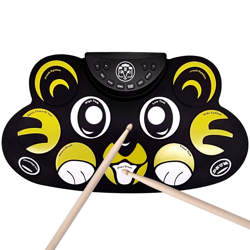 Compact Size USB Roll-Up Silicon Drum Set Digital Electronic Drum Kit 9 Drum Pads with Drumsticks Foot Pedals: G601 tiger